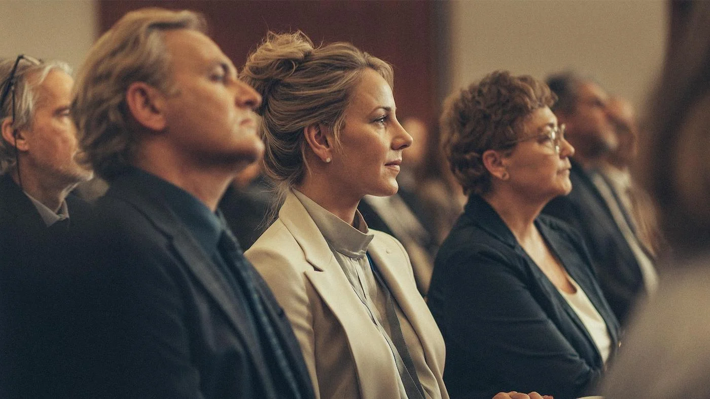 Alex and Tina Morley sit next to each other in a row in an audience